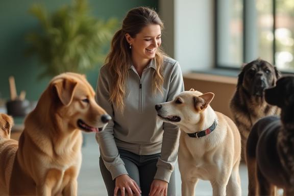 Trainer interacting with a diverse group of dogs during a session