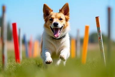 Dog navigating an agility course with excitement