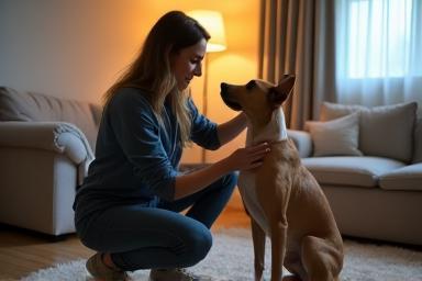 Trainer helping an anxious dog in a home environment