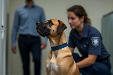 Calm service dog in training with trainer in uniform